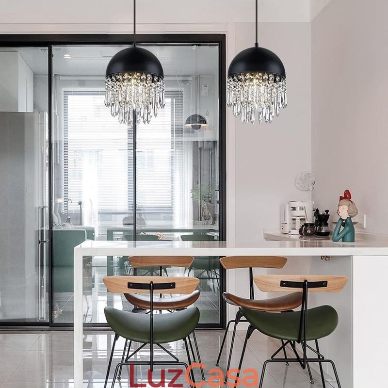 Luminária de teto pendente de cristal com borla e tampa de panela preta Abajur