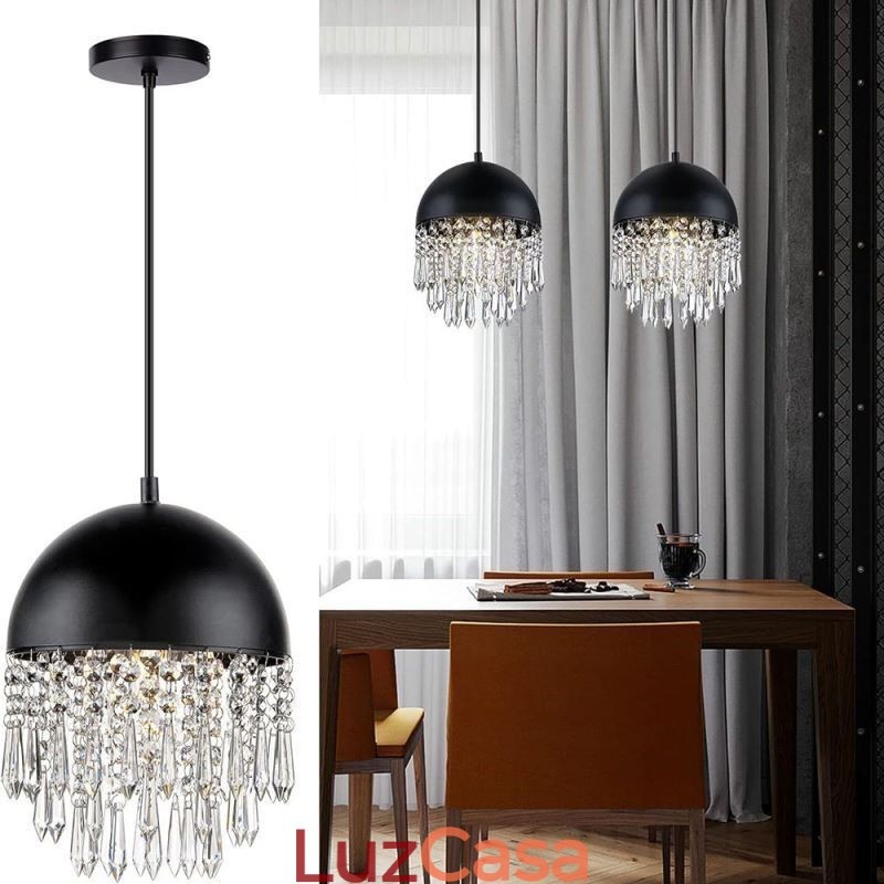 Luminária de teto pendente de cristal com borla e tampa de panela preta Abajur