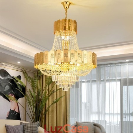 Luminária pendente de cristal dourado elegante e decorativa para teto Luminária pendente de cristal dourado elegante e decorativa para teto