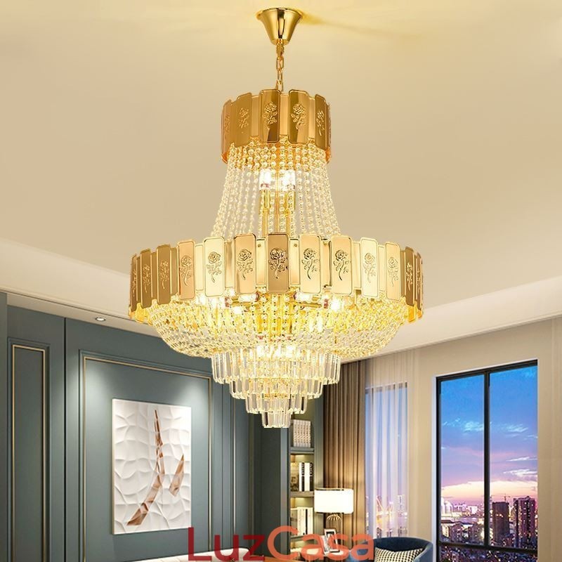 Luminária pendente de cristal dourado elegante e decorativa para teto