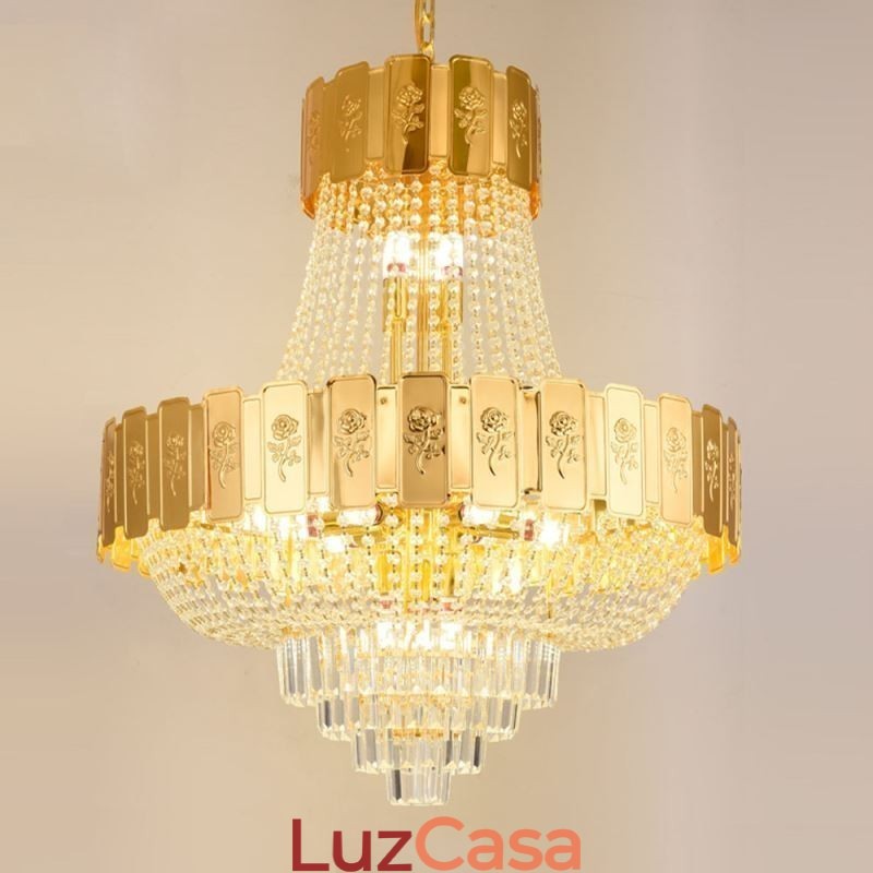 Luminária pendente de cristal dourado elegante e decorativa para teto