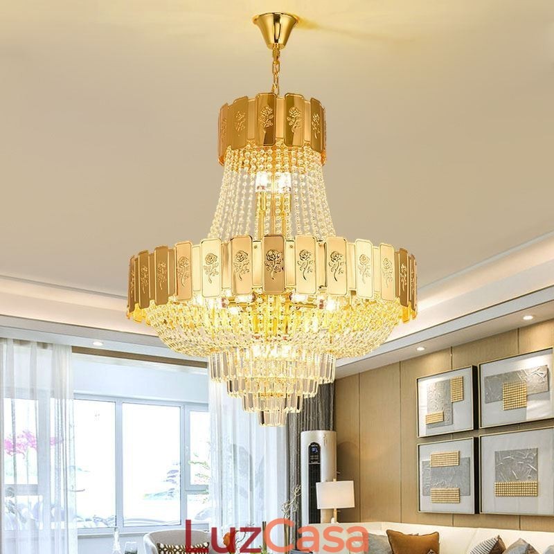 Luminária pendente de cristal dourado elegante e decorativa para teto