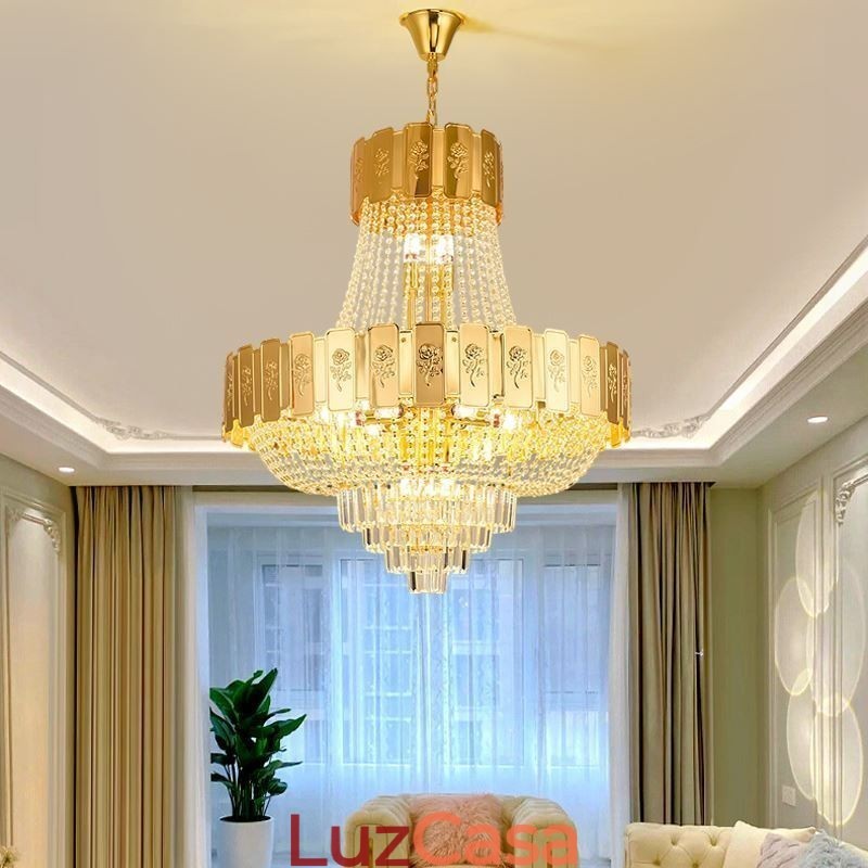 Luminária pendente de cristal dourado elegante e decorativa para teto