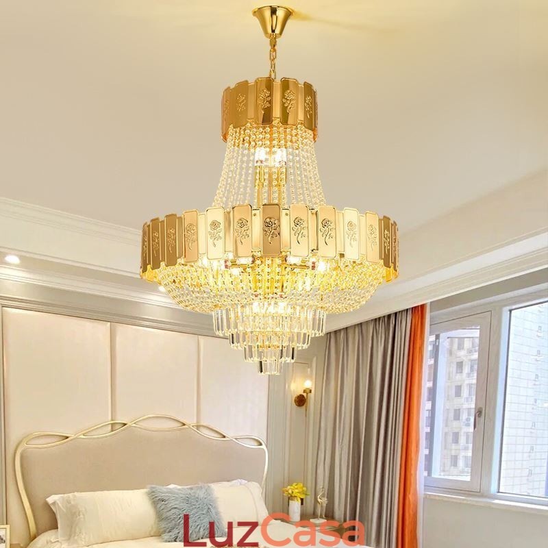 Luminária pendente de cristal dourado elegante e decorativa para teto