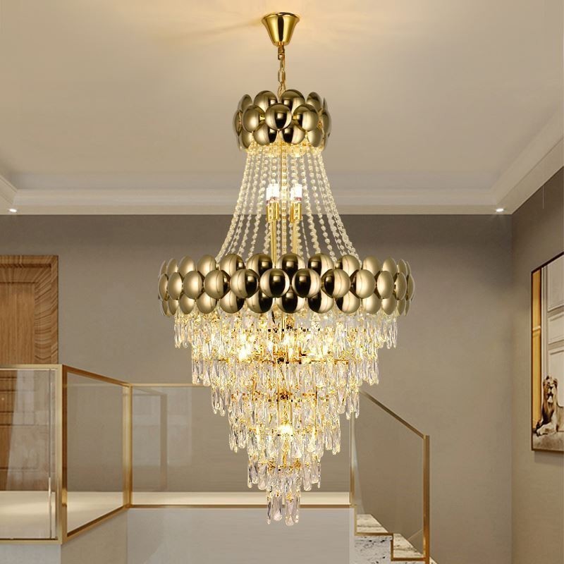 Luminária pendente de cristal galvanizada a ouro duplex luxo decorativo luminária de teto 80cm