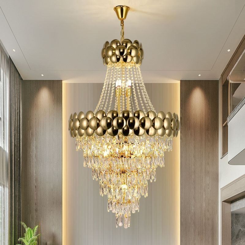 Luminária pendente de cristal galvanizada a ouro duplex luxo decorativo luminária de teto 80cm