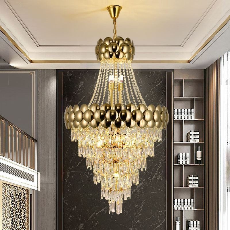 Luminária pendente de cristal galvanizada a ouro duplex luxo decorativo luminária de teto 80cm