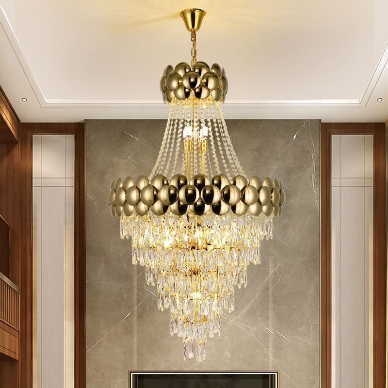 Luminária pendente de cristal galvanizada a ouro duplex luxo decorativo luminária de teto 80cm