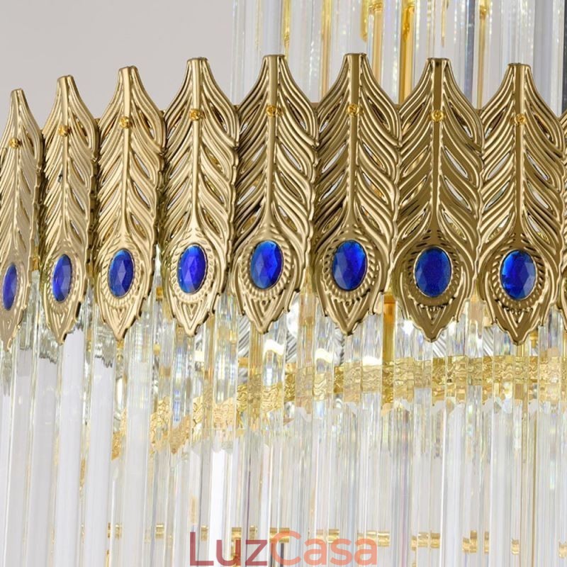 Luminária pendente de cristal dourado Luminária de teto com abajur em formato de cauda de fênix dourada galvanizada