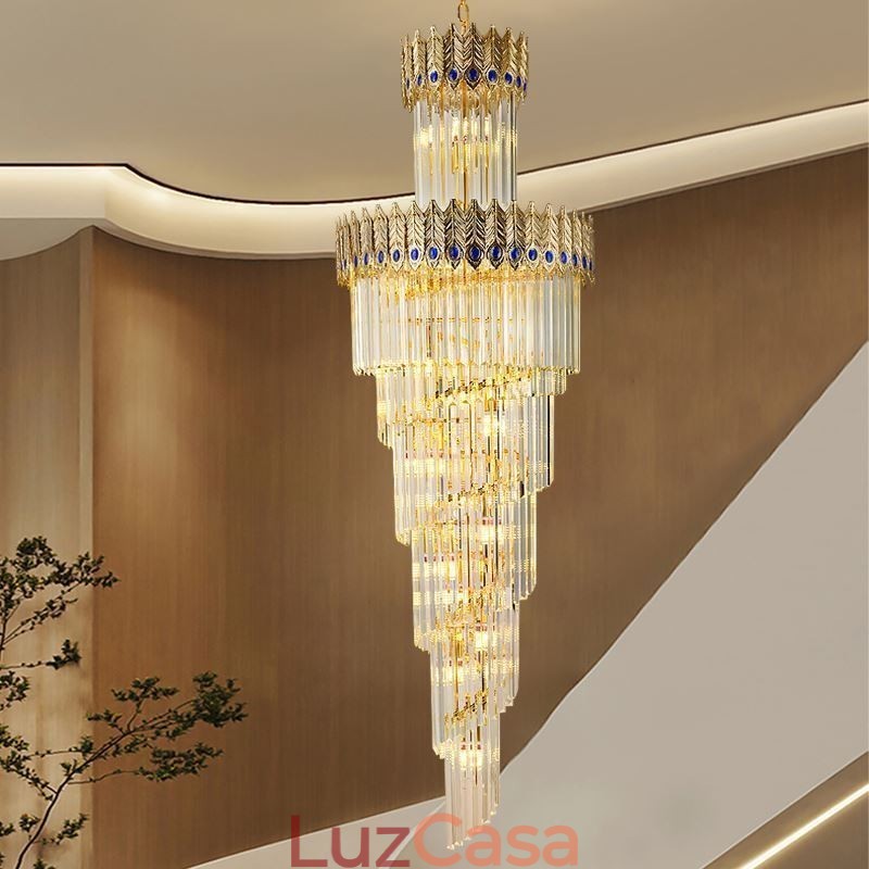Luminária pendente de cristal dourado Luminária de teto com abajur em formato de cauda de fênix dourada galvanizada