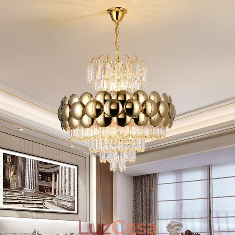 Luminária pendente de cristal galvanizada dourada luxuosa decorativa de teto 60cm
