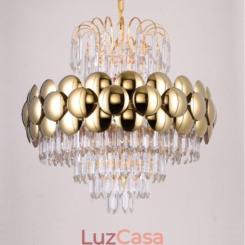 Luminária pendente de cristal galvanizada dourada luxuosa decorativa de teto 60cm