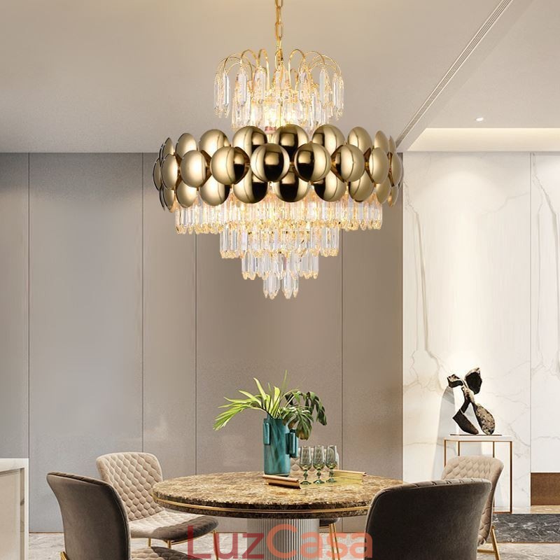 Luminária pendente de cristal galvanizada dourada luxuosa decorativa de teto 60cm
