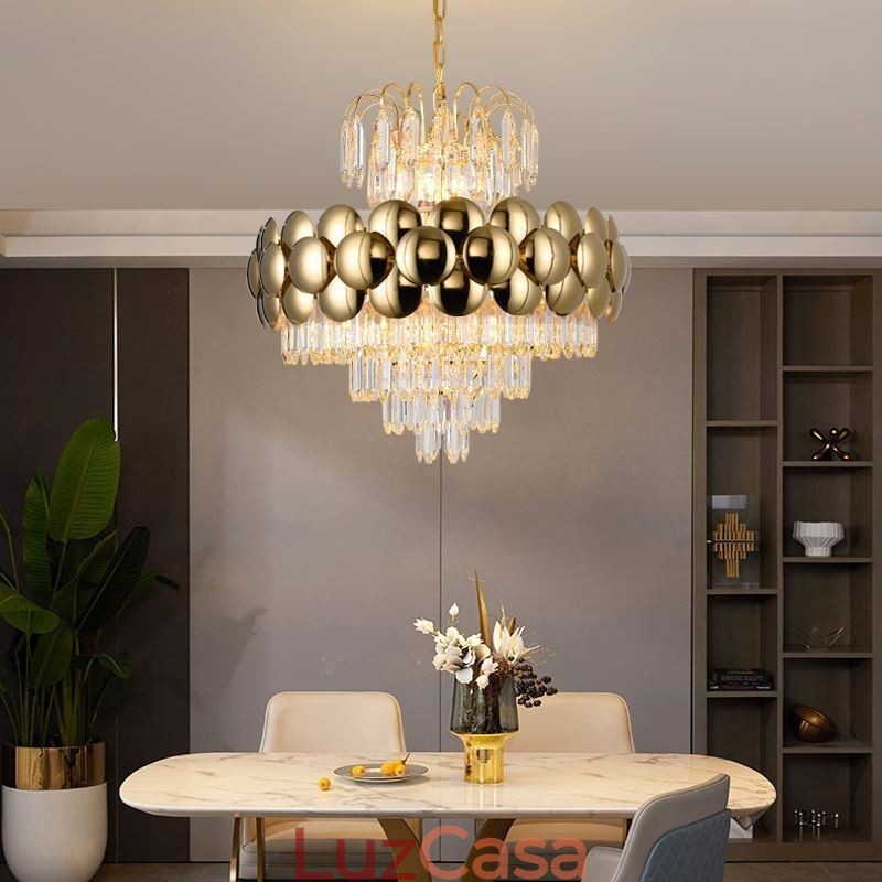 Luminária pendente de cristal galvanizada dourada luxuosa decorativa de teto 60cm