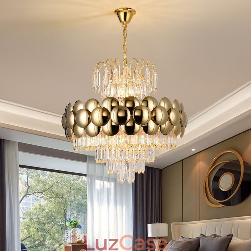 Luminária pendente de cristal galvanizada dourada luxuosa decorativa de teto 60cm