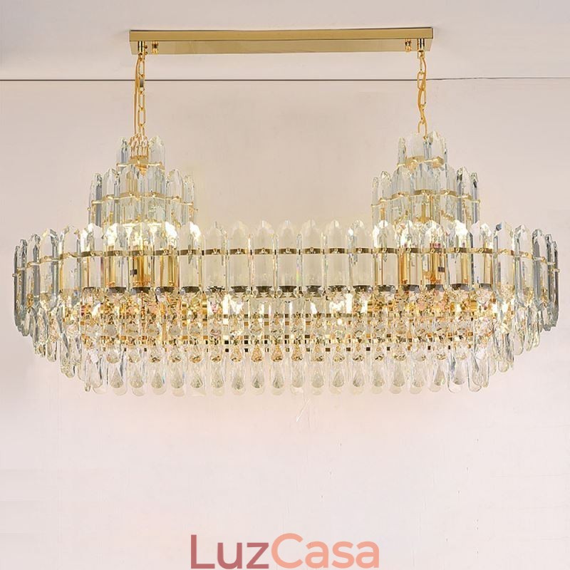 Luminária pendente de cristal retangular de luxo decorativa de teto 100cm
