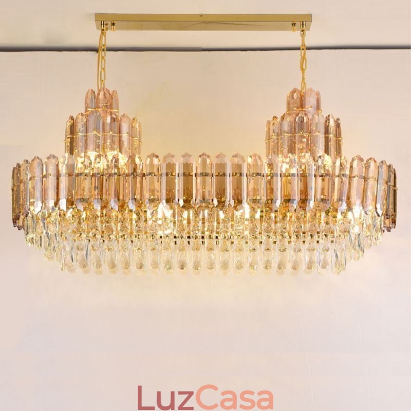 Luminária pendente de cristal retangular de luxo decorativa de teto 100cm