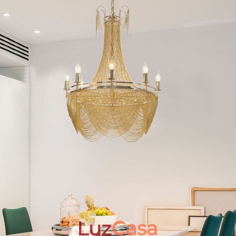 Luminária pendente de corrente de alumínio, luz criativa, luz decorativa de borla de luxo, dourada e prateada