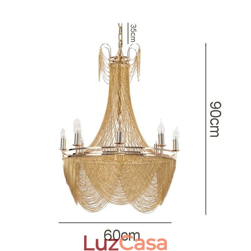 Luminária pendente de corrente de alumínio, luz criativa, luz decorativa de borla de luxo, dourada e prateada