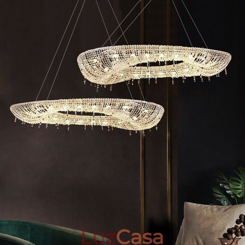 Luminária pendente de cristal moderna e luxuosa, luminária de teto oval