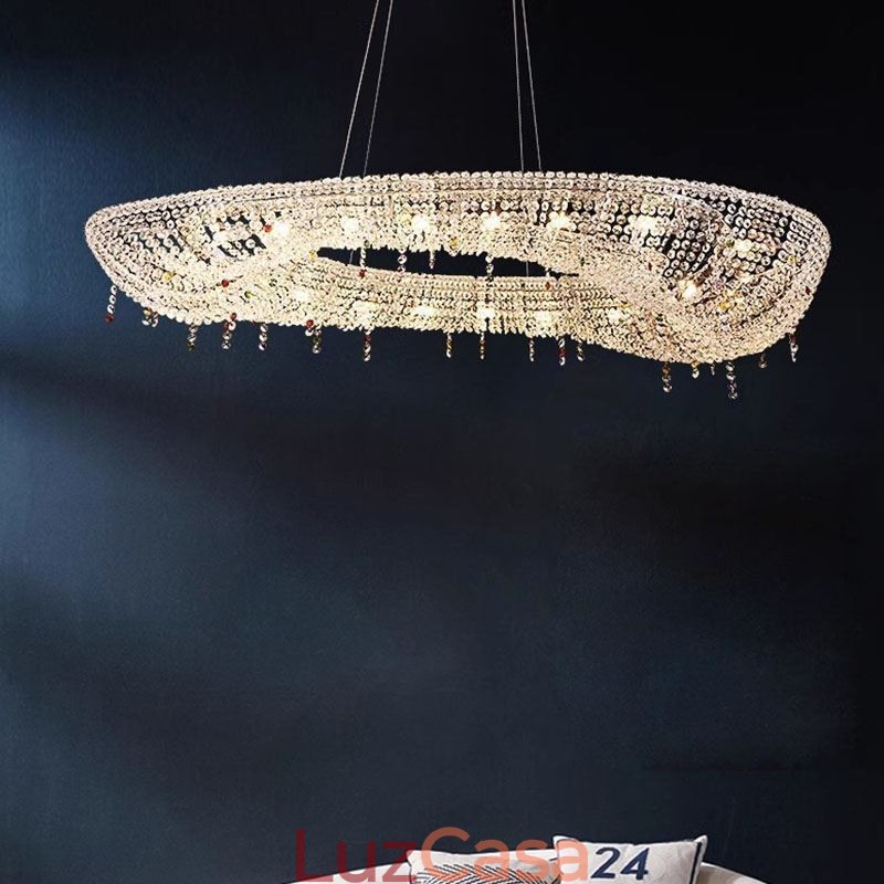Luminária pendente de cristal moderna e luxuosa, luminária de teto oval