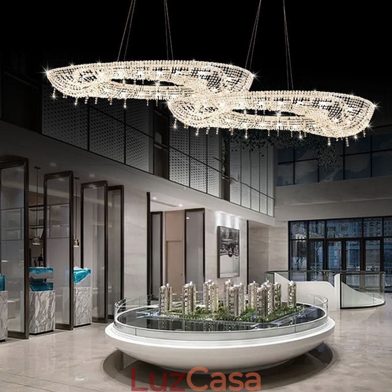 Luminária pendente de cristal moderna e luxuosa, luminária de teto oval