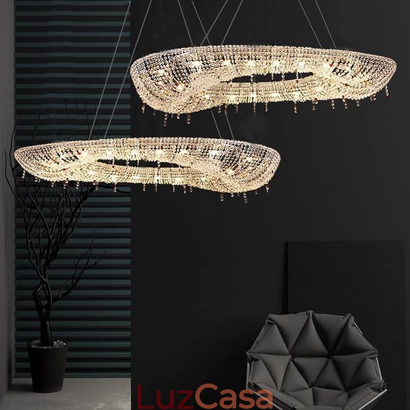 Luminária pendente de cristal moderna e luxuosa, luminária de teto oval