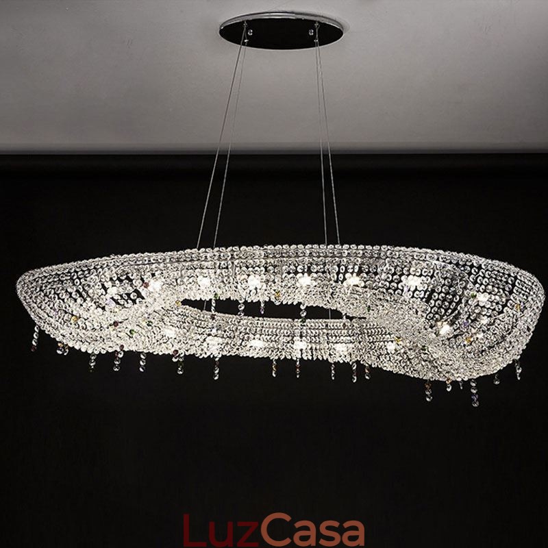 Luminária pendente de cristal moderna e luxuosa, luminária de teto oval