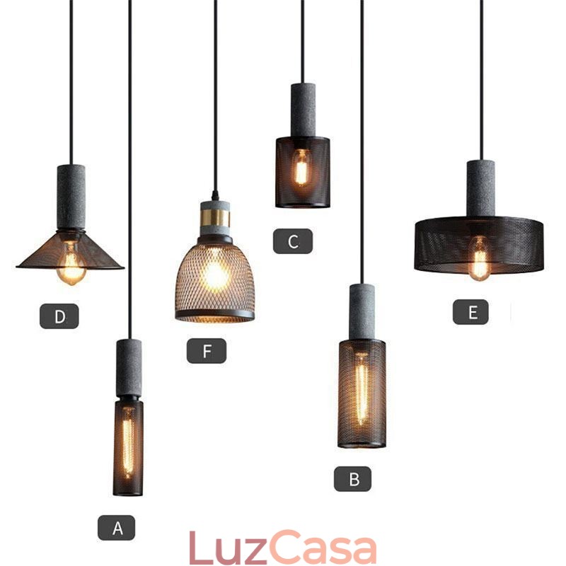 Luminária pendente preta em grade de cimento, luminária de teto retrô country