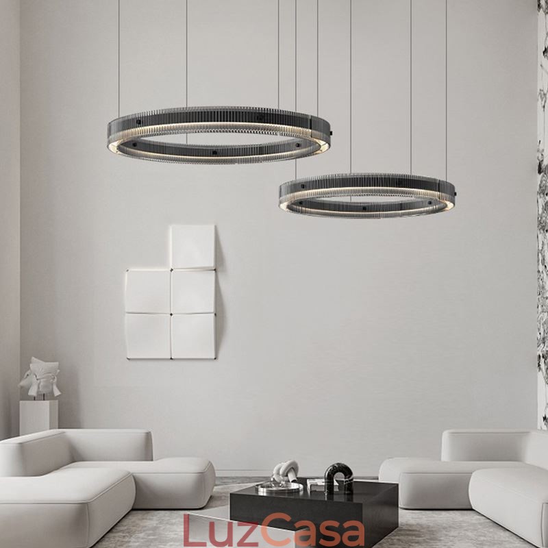 Luminária pendente 60+80cm de vidro de círculo duplo, luz de teto regulável com controle remoto