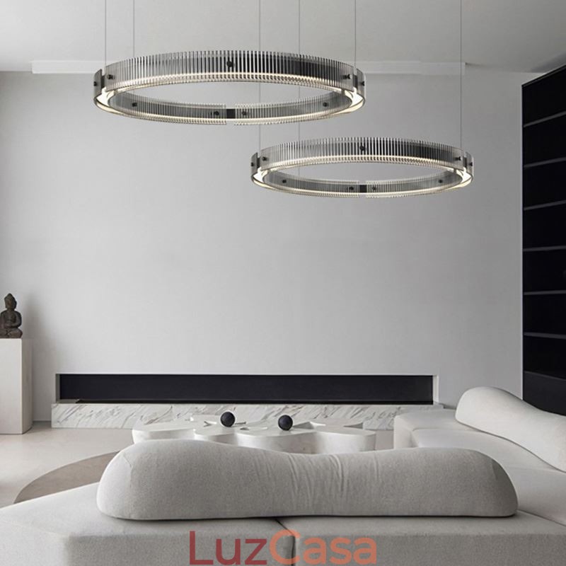 Luminária pendente 60+80cm de vidro de círculo duplo, luz de teto regulável com controle remoto