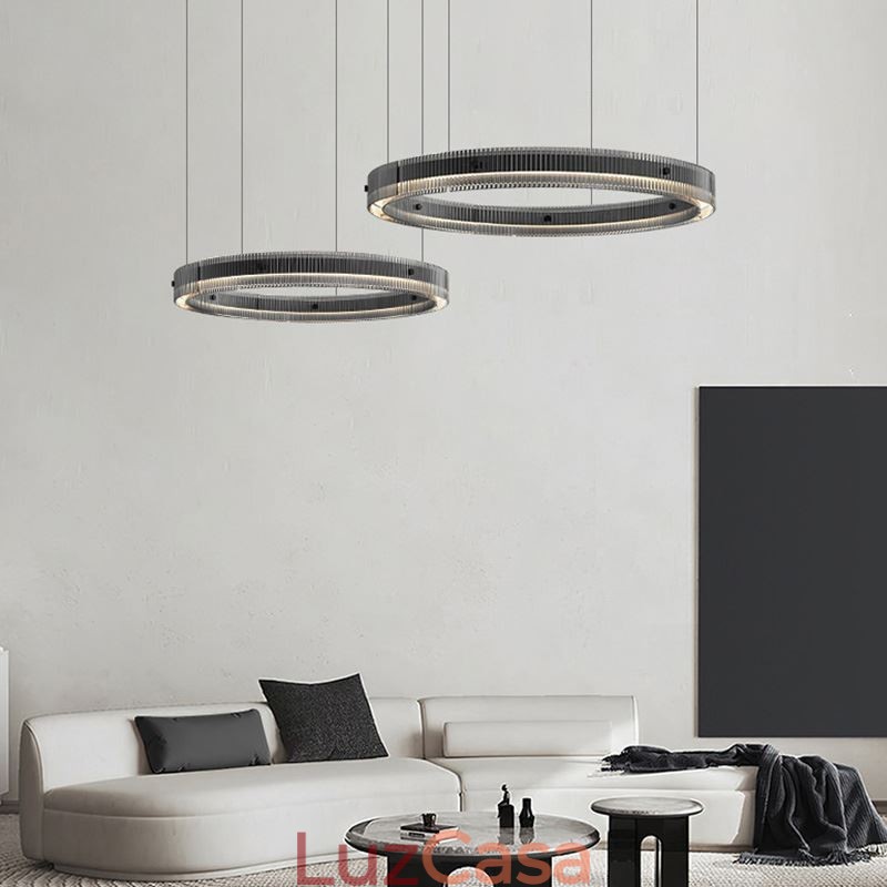 Luminária pendente 60+80cm de vidro de círculo duplo, luz de teto regulável com controle remoto