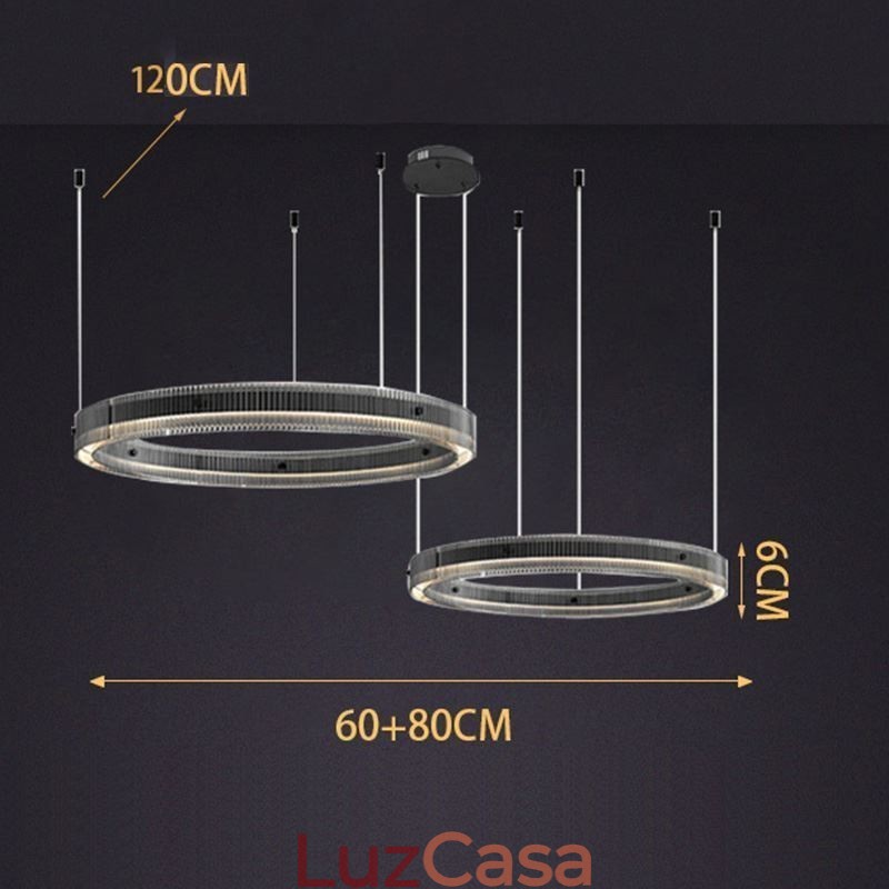 Luminária pendente 60+80cm de vidro de círculo duplo, luz de teto regulável com controle remoto