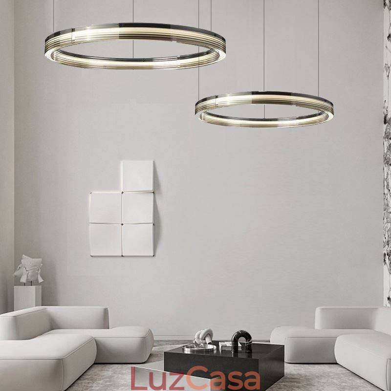 Luminária de teto de vidro 60+80cm Círculo Decoração Círculo Duplo Pendente Luz Tricromática Escurecimento