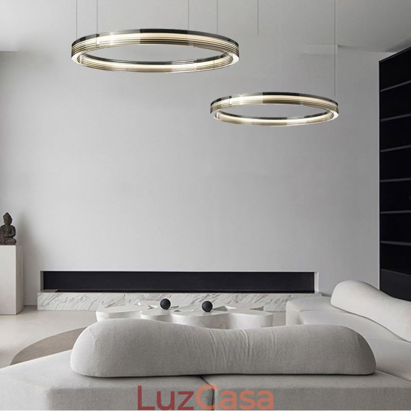 Luminária de teto de vidro 60+80cm Círculo Decoração Círculo Duplo Pendente Luz Tricromática Escurecimento