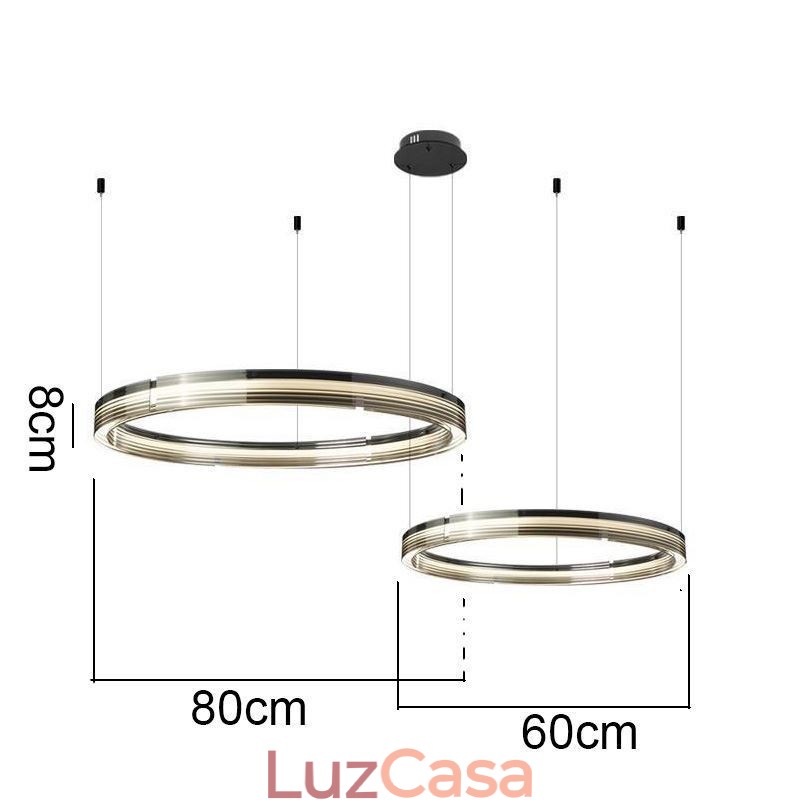 Luminária de teto de vidro 60+80cm Círculo Decoração Círculo Duplo Pendente Luz Tricromática Escurecimento
