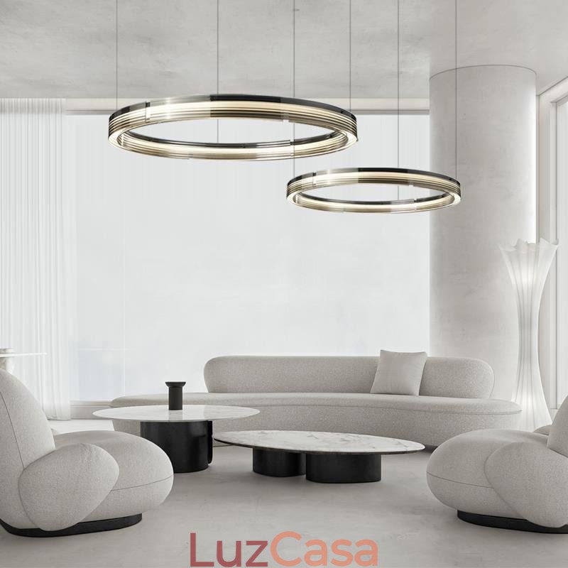 Luminária de teto de vidro 60+80cm Círculo Decoração Círculo Duplo Pendente Luz Tricromática Escurecimento