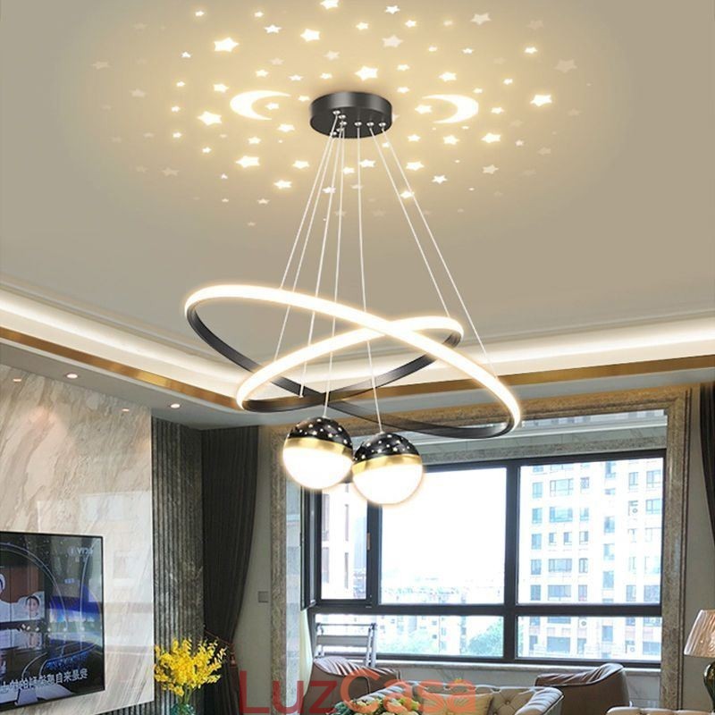 Luminária pendente moderna de ferro forjado, anel de silicone com círculo duplo, luz de teto