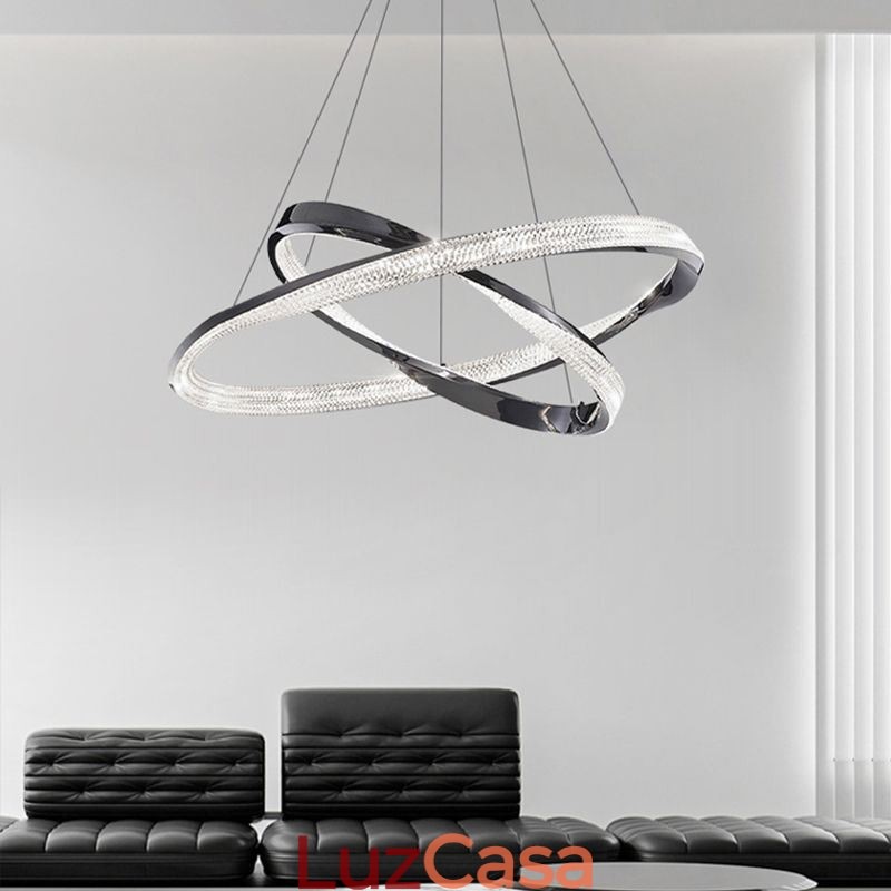 Luminária pendente de ferro forjado, anel de acrílico, luz de teto de círculo duplo