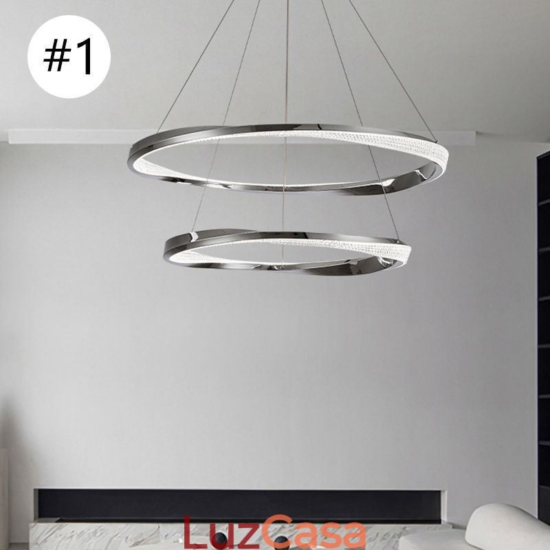 Luminária pendente de ferro forjado, anel de acrílico, luz de teto de círculo duplo