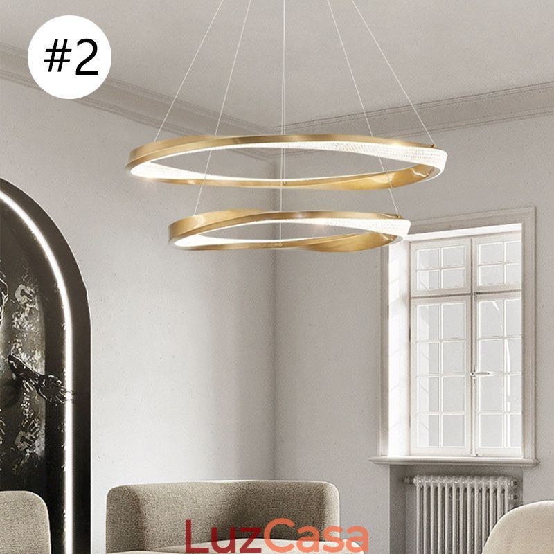 Luminária pendente de ferro forjado, anel de acrílico, luz de teto de círculo duplo
