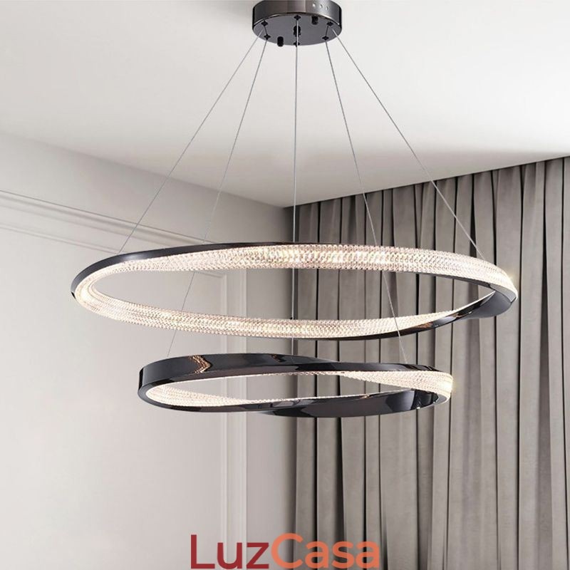 Luminária pendente de ferro forjado, anel de acrílico, luz de teto de círculo duplo