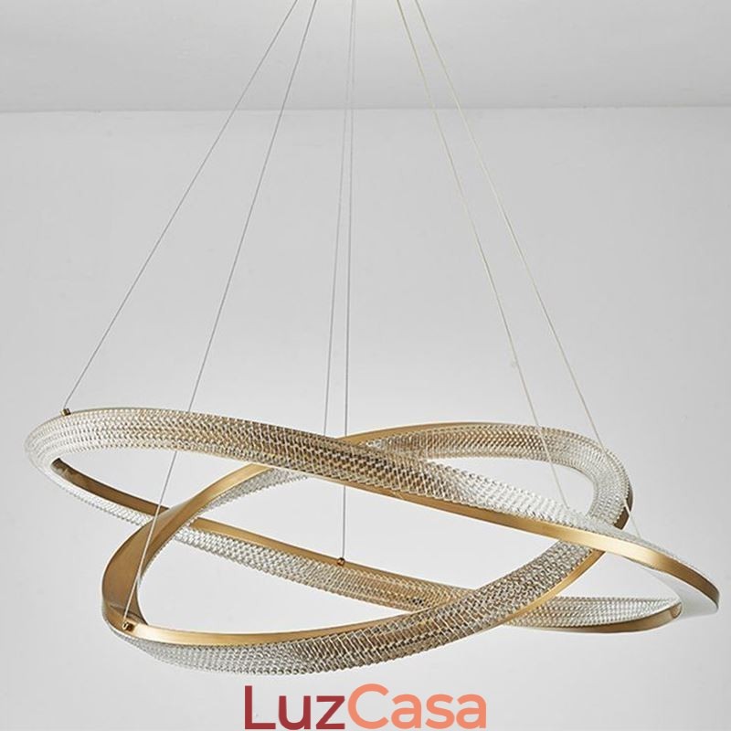 Luminária pendente de ferro forjado, anel de acrílico, luz de teto de círculo duplo