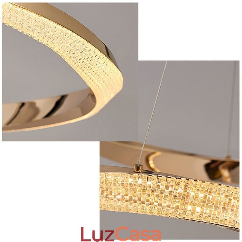 Luminária pendente de ferro forjado, anel de acrílico, luz de teto de círculo duplo