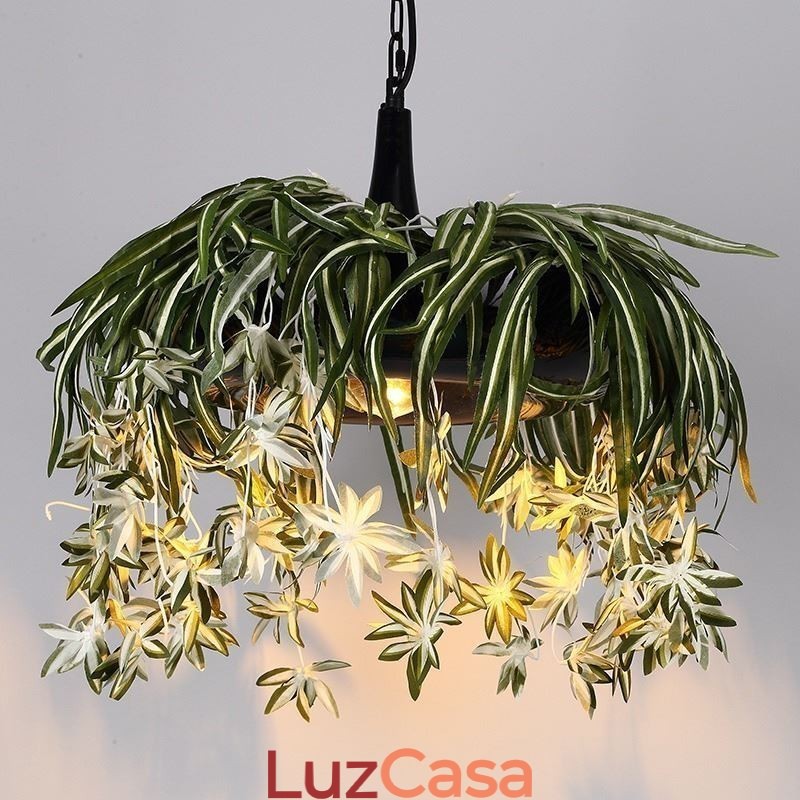 Luminária pendente estilo industrial, lustre decorado com plantas artificiais