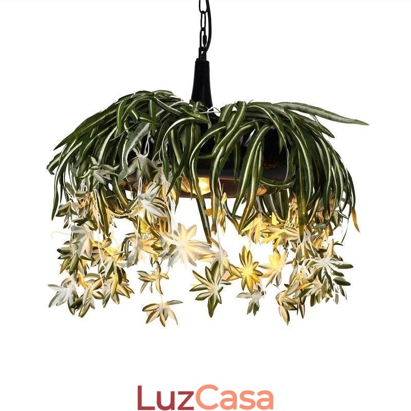 Luminária pendente estilo industrial, lustre decorado com plantas artificiais