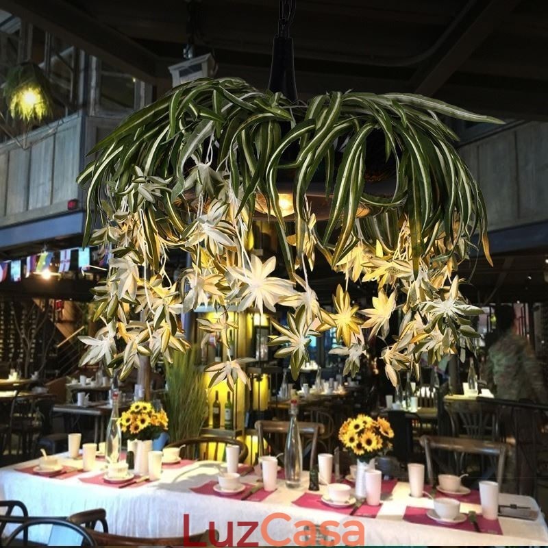 Luminária pendente estilo industrial, lustre decorado com plantas artificiais