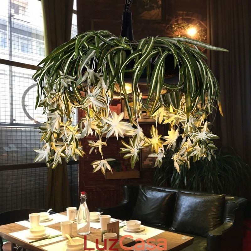 Luminária pendente estilo industrial, lustre decorado com plantas artificiais