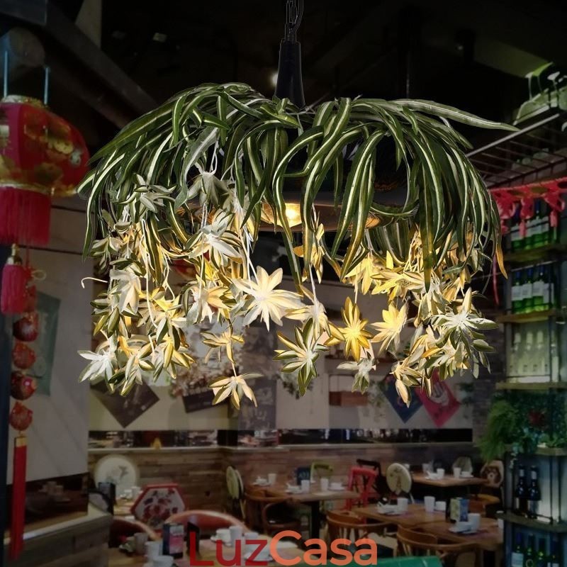 Luminária pendente estilo industrial, lustre decorado com plantas artificiais