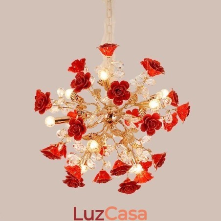 Lustre de cerâmica com pingente de luxo e flor vermelha